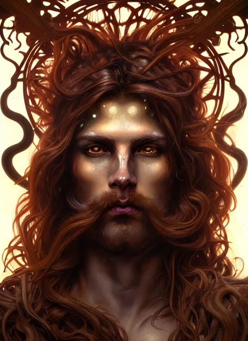 Image similar to portrait of demigod hercules, long wavy auburn hair, wild boar hide, glowing eyes, volumetric lights, forest, art nouveau botanicals, gothic, intricate, highly detailed, digital painting, artstation, concept art, smooth, sharp focus, symmetric face, illustration, steampunk, art by artgerm and greg rutkowski and alphonse mucha