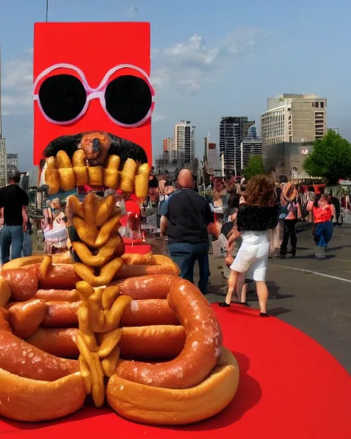 Prompt: hotdog sculpture of snoop dogg made of hotdogs