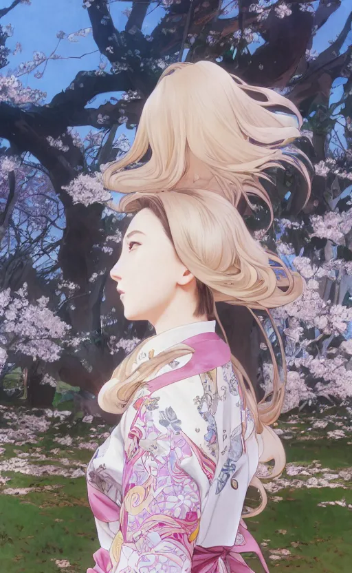 Prompt: side portrait of a girl walking, sakura tree in background, yukata clothing, battlefield in background, anime style, hair down, symmetrical facial features, from arknights, hyper realistic, 4 k, extreme detail, detailed drawing, trending artstation, realistic lighting, by alphonse mucha, greg rutkowski, sharp focus, backlit