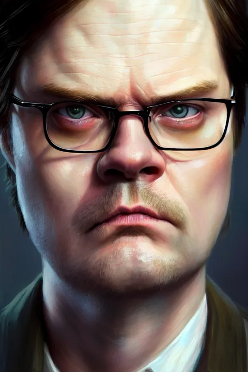 Image similar to ultra detailed close up face portrait of dwight schrute from the office, extremely detailed digital painting, in the style of fenghua zhong and ruan jia and jeremy lipking and peter mohrbacher, mystical colors, rim light, beautiful lighting, 8 k, stunning scene, raytracing, octane, trending on artstation