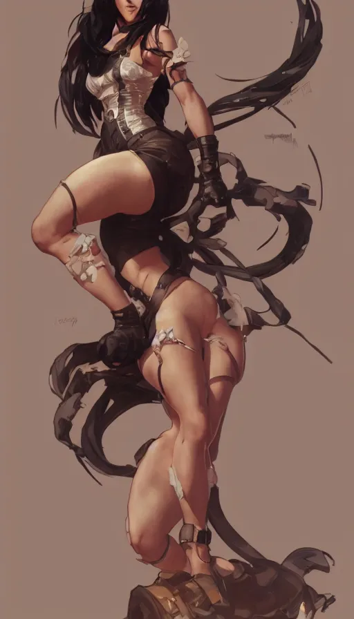 Image similar to tifa lockhart in a cute pinup pose by artgerm, greg rutkowski and alphonse mucha, concept art, matte, intricate, full body, epic composition