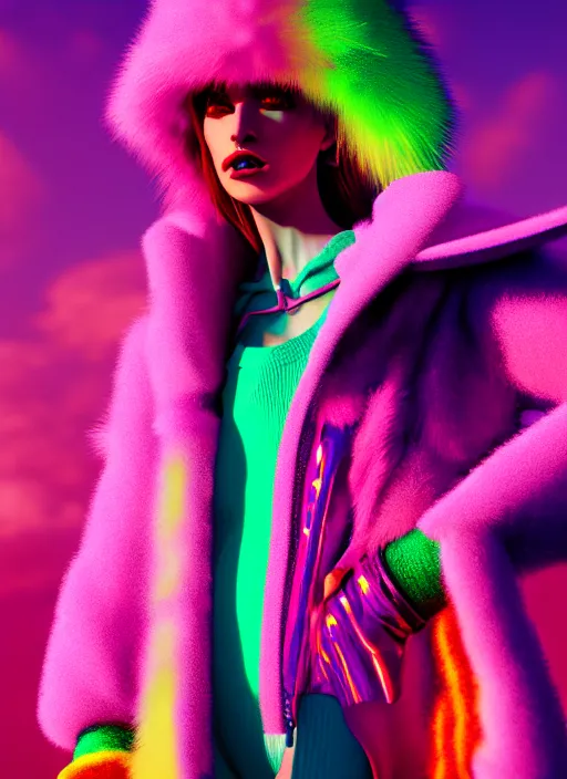 Image similar to coat for a rave, bright colors, many details, prints, photo for a magazine, photo for a store, fashion photography, Vogue, 135 mm, cinematic, hyper realism, high detail, octane render, 8k, chrome accents