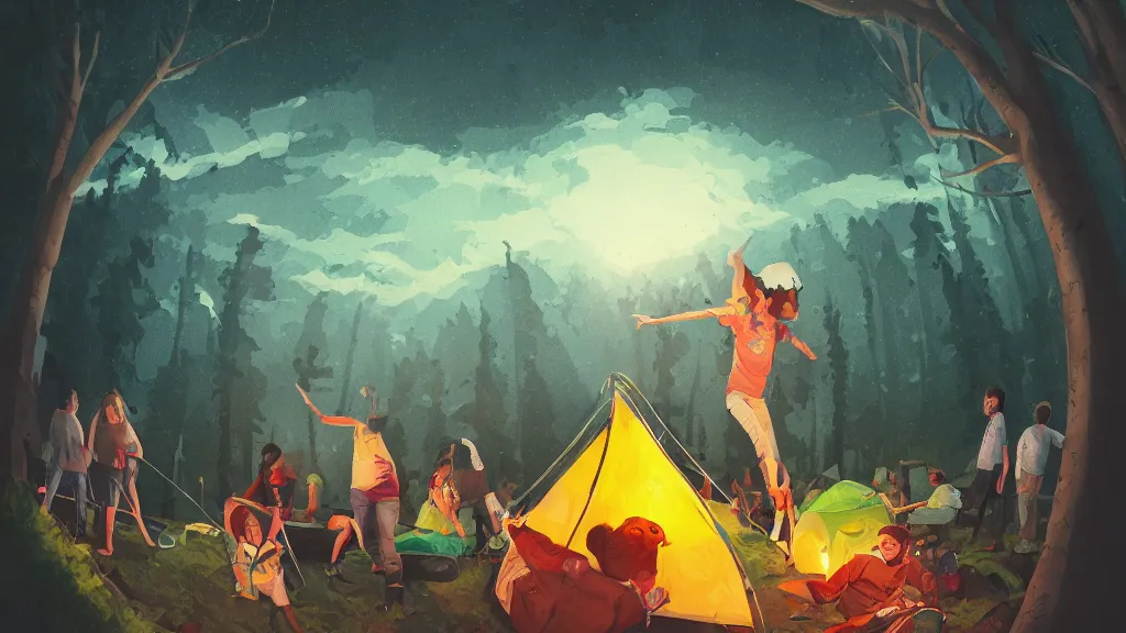 Prompt: an illustration of a drunk teenage kid on a camping, covered in vomit, parents standing outside angry, fisheye lens, high contrast, highly detailed, sharp focus, digital painting, 3 d art, illustration, trending on artstation,