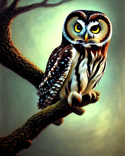 Image similar to an extremely detailed masterpiece painting of a northern saw - whet owl on a limb, in the style of brian froud, brian despain, brian bolland, digital art, unreal engine, volumetric lighting, dark moody lighting, trending on artstation, photorealistic, epic scene
