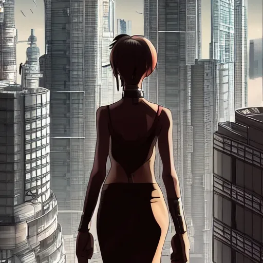 Image similar to a girl stands on top of a multi-storey building, anime style, 4k, cyberpunk city in the background, very detailed, by Ilya Kuvshinov