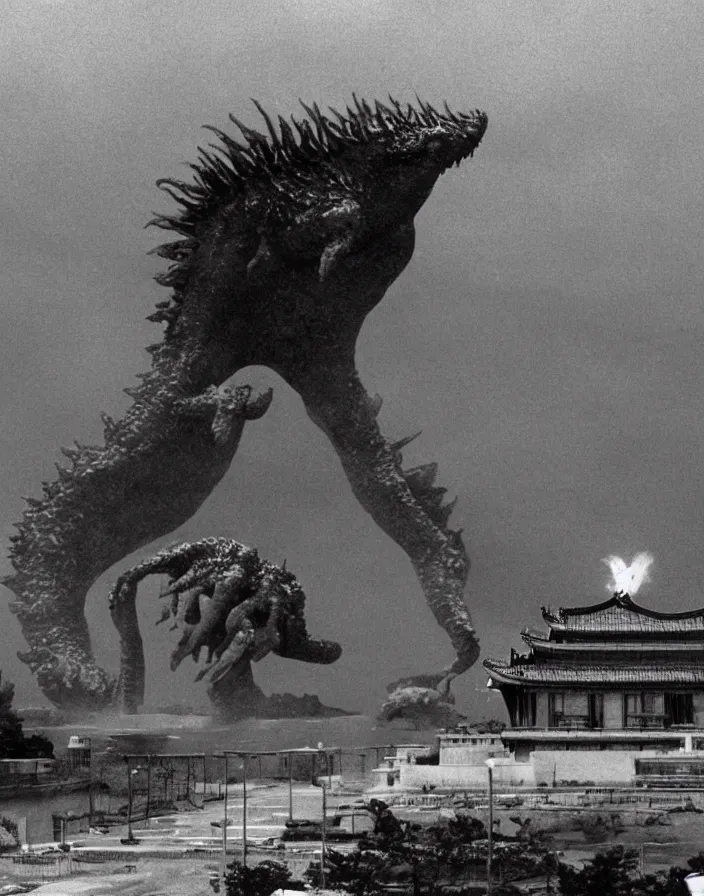 Image similar to a filmstill of a north korean monster movie, kaiju - eiga monster starfish - like trampling a traditional korean palace, foggy, film noir, epic battle, etheral, explosions, thriller, by akira kurosawa and wes anderson video compression