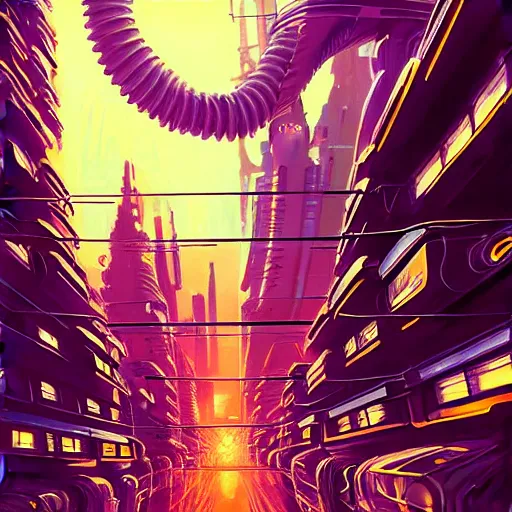 Image similar to robo cats inside an scifi tentacles wires futuristic city, beautiful signs, wide angle, retro futuristic comics, cinematic, highly detailed, photorealistic, rich bright colors, trending on artstation, giger, tsutomu nihei, trending on cgsociety, awe inspiring bruce pennington cityscape, digital art painting of 1 9 6 0 s