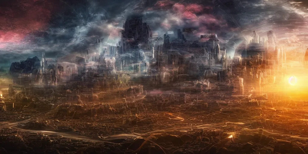 Image similar to futuristic landscape with a city and aliens, surrealistic, 8 k, highly detailed, digital photography,