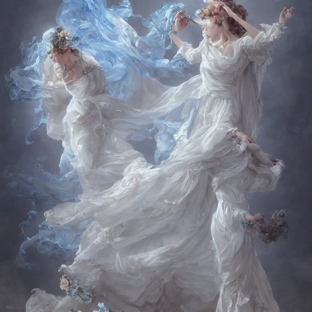 Image similar to one woman dressed in a vaporous wrapped large victorian cream roses silk semi-transparent blue and cream dress fashion is running D&D, fantasy, intricate, elegant, highly detailed, digital painting, artstation, concept art, matte, sharp focus, illustration, art by Artgerm and Greg Rutkowski and Alphonse Mucha, UHD