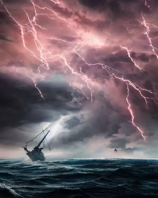 Image similar to a fishing boat on stormy seas, a gigantic star destroyer spaceship flying overhead, the gigantic star destroyer spaceship is emerging from storm clouds, sunset lighting, stormy weather, dramatic lighting, lightning, unreal engine, hyper realism, realistic shading, cinematic composition, realistic render, octane render, detailed textures, photorealistic, ultrawide shot, 1 6 mm lens