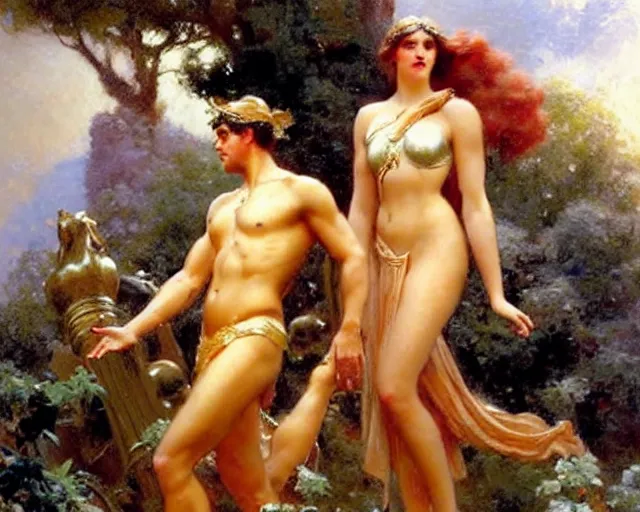 Image similar to distracted boyfriend meme of zeus ignoring hera to look at adonis, painting by gaston bussiere, craig mullins, j. c. leyendecker