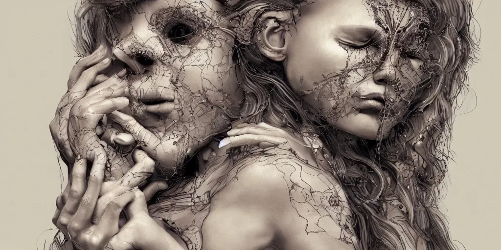 Image similar to hyperrealistic photography of a highly intricate, stunning, beautiful, perfect cyborg female, elbow, knee, intimate, hand holdings, in the style of beth cavener, jin kagetsu, chuck close, and wlop, highly detailed, face, eyes closed, symmetry, masterpiece, award - winning, sharp focus, concept art, ambient lighting, 8 k, artstation