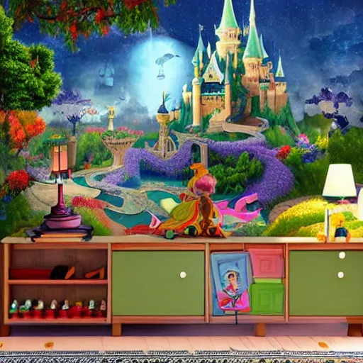 Image similar to a mural wall art design of a storybook fantasyland