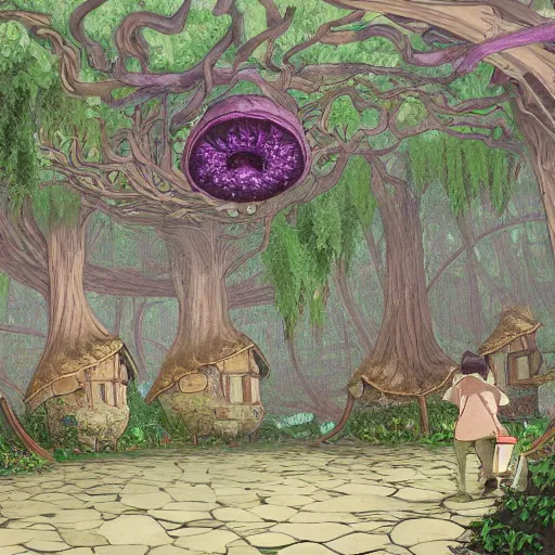 Prompt: concept art painting of a interior of a circular fantasy fungus house made of mushrooms, with black vines, realistic, detailed, cel shaded, magenta and gray, dark, in the style of makoto shinkai and greg rutkowski and james gurney