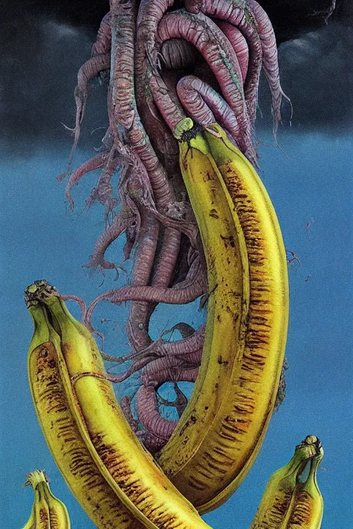 Image similar to cosmic horrors on my giant banana, close up of a banana, by zdzislaw beksinski, by dariusz zawadzki, by wayne barlowe, gothic, surrealism, cosmic horror, lovecraftian, cold hue's, warm tone gradient background, concept art, beautiful composition