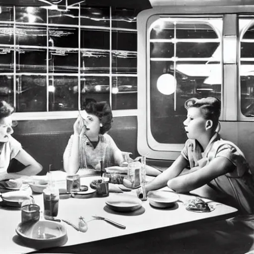 Image similar to detailed sharp photograph in the style of popular science circa 1 9 5 5 and gregory crewdson of a 1 9 5 0 s small town night inside a diner with ten teenage girls drinking milkshakes - w 1 0 2 4