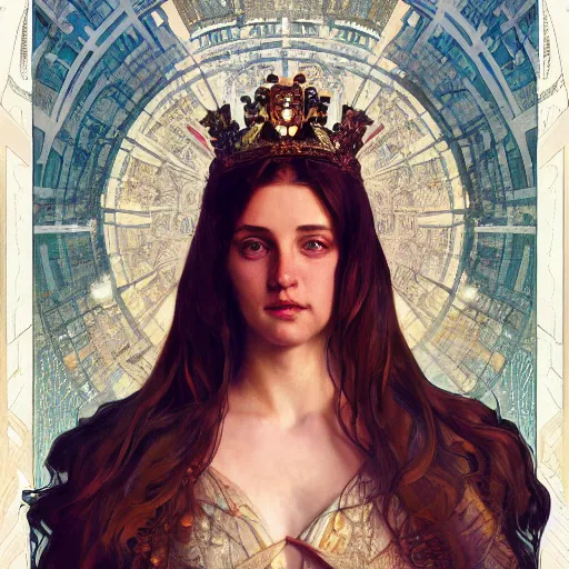 Prompt: a Portrait of A queen whose body is transparent and whose body radiates holy light by greg rutkowski and alphonse mucha,In style of illustration.digital art,hyper detailed,smooth, sharp focus,trending on artstation,4k