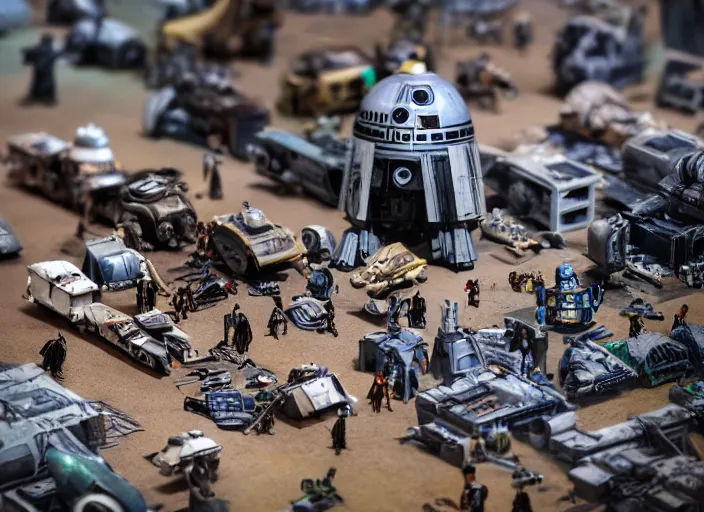 Prompt: a photo of a epic grand scale diorama of star wars figures and vehicles and buildings, canon, macro photography, tilt - shift photography