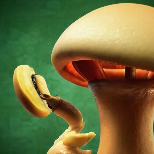 Prompt: A realistic detailed humanoid mushroom eating a banana