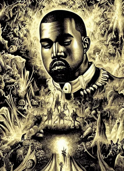 Prompt: portrait of kanye west stars in the sky fairies with detailed faces enchanted forest on the ground psychedelic wide angle shot white background vector art illustration gears of war by hieronymus bosch and frank frazetta