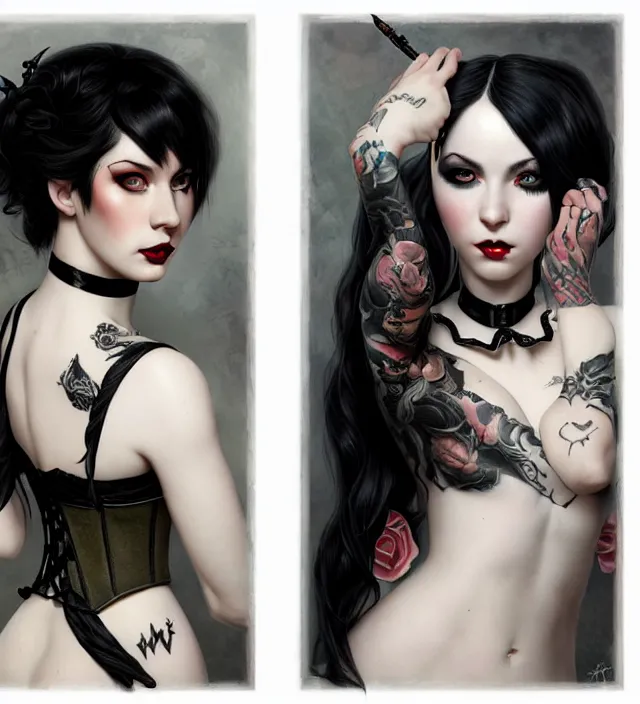 Image similar to two beautiful pale skin white eyed cosplay girls, back view, black hair, fully tattooed body, fishnet corset with choker and whip on hand, symmetrical, beautiful detailed face, masterpiece, artstation contest winner, trending artgerm, paint by tom bagshaw