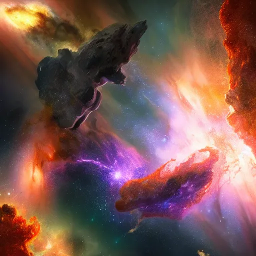 Image similar to a giant galactic onyx flying through in a nebula by WLOP and tony sart, fantasy art, 4k, HDR, photorealistic, 8k, trending on artstation