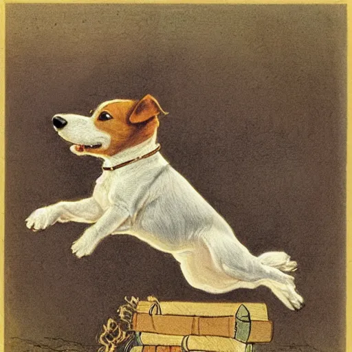 Image similar to portrait of a happy smiling jack russel terrier jumping, closeup, illustrated by peggy fortnum and beatrix potter and sir john tenniel