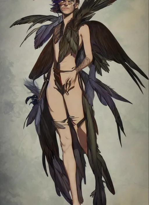 Image similar to concept art painting of an androgynous harpy with black feathers, pirate clothes, detailed, realistic, cel shaded, in the style of makoto shinkai and james gurney and alphonse mucha and greg rutkowski and artgerm