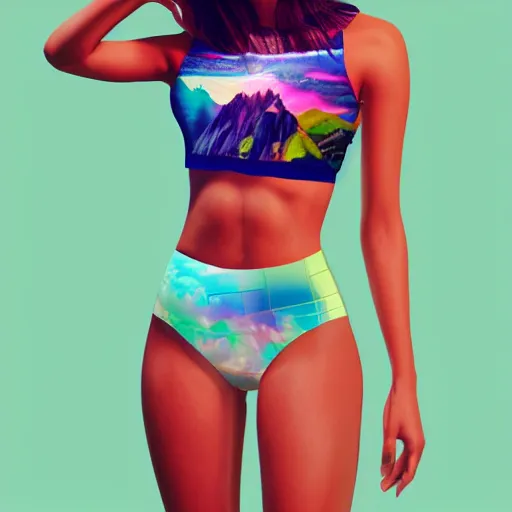 Prompt: realistic product mock up of a woman wearing an all over print crop top in the style of vaporwave and synthwave, 8 k realistic photo