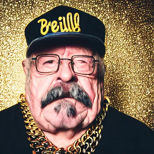 Image similar to dslr portrait photo still of!!! wilfred brimley!!! as a gangsta rapper with gold chains and gold teeth grills growling at camera!!! holding up his hand to show off his large ornate rings!!!, 8 k, 8 5 mm f 1. 8