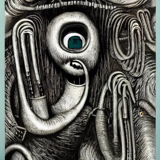 Image similar to moominpapa hooked up to a machine, hr giger artwork, very detailed!, high quality, 4 k