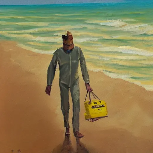 Prompt: a man in a yellow hazmat walking on an abandoned beach, oil painting