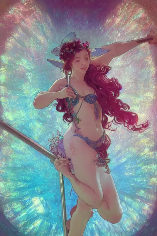 Image similar to A beautiful pole dancing fairie, symmetrical features, cinematic lighting, soft bokeh, fantasy, modern, colourful, highly detailed, digital painting, artstation, deviantart, concept art, sharp focus, illustration, by alphonse mucha