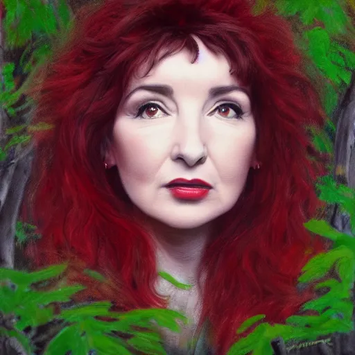 Image similar to kate bush standing in a red leafed a forest where no one is around to hear it, incredibly detailed oil painting, high octane, trending on artstation, incredible fineline, regal, fine art museum piece, drum scanner