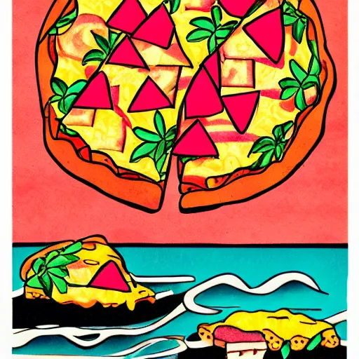 Image similar to hawaiian pizza japanese ink print