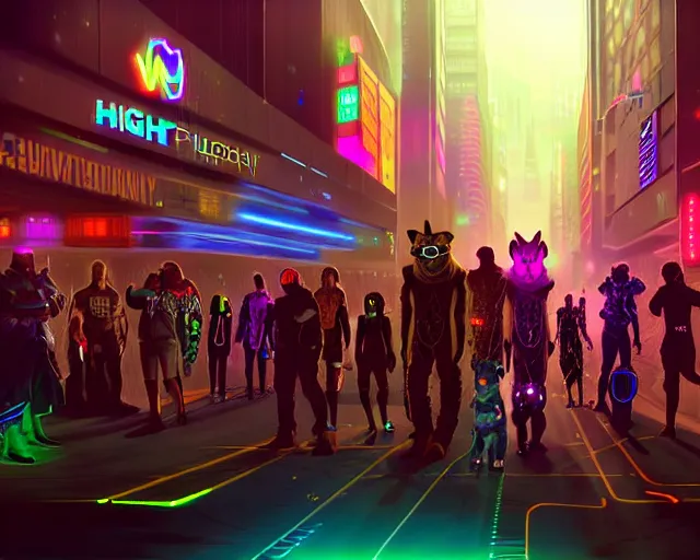 Image similar to high - resolution photograph from a cyberpunk era furry fandom convention ( midwest furfest 2 0 4 7 ), taking place after the genetic revolution and quantum singularity. photorealistic.