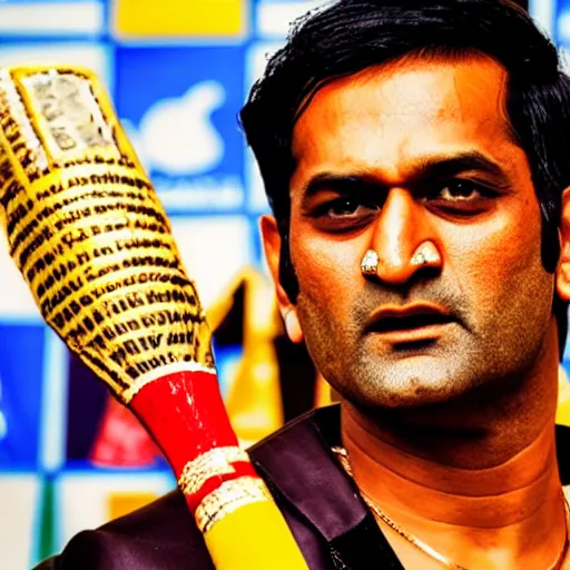 Image similar to portrait of mahendra singh dhoni as a pimp, ultra realistic, highly detailed, canon 3 5 mm photography