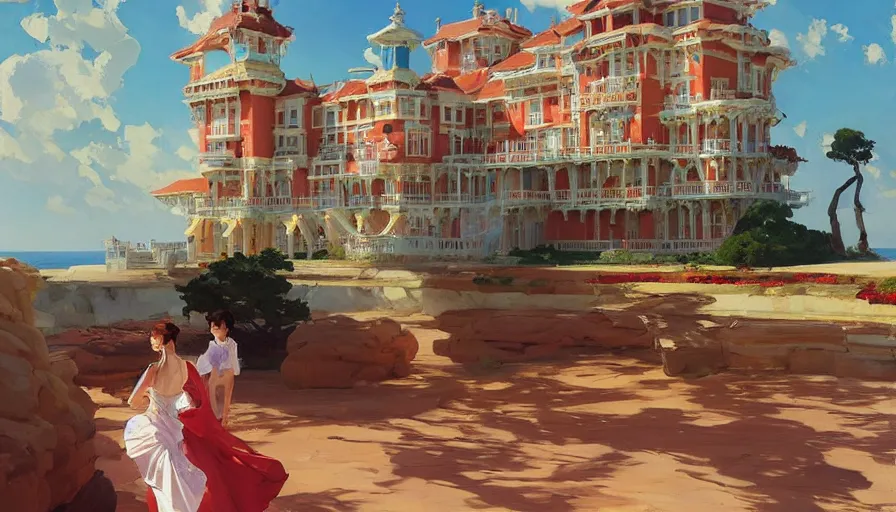 Prompt: RED Royal CRYSTAL castle built ON SEA, hyperdetailed, artstation, cgsociety,by studio ghibli painting,by Joaquin Sorolla rhads Leyendecker, by Ohara Koson and Thomas, 8k