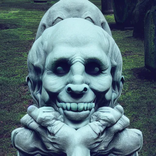 Prompt: giant demon head on the ground, graveyard statue, by beeple, digital art, hyoer detailed, 4 k