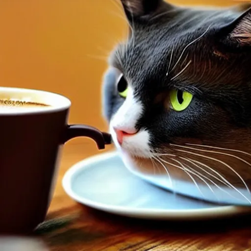 Prompt: a beautiful cat is drinking coffee