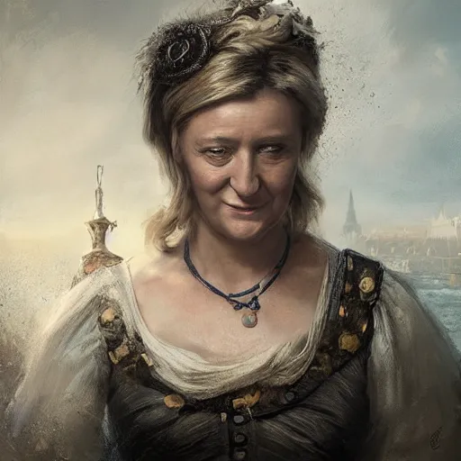 Image similar to Portrait of Marine le Pen , french revolution, amazing splashscreen artwork, splash art, head slightly tilted, natural light, elegant, intricate, fantasy, atmospheric lighting, cinematic, matte painting, detailed face, by Greg rutkowski