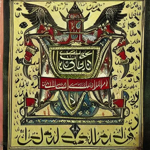 Prompt: “ medieval islamic heraldry, highly detailed, painted, realistic, historical, coat of arms, arabic ”