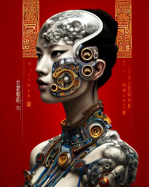 Image similar to portrait of a cyberpunk machine, machine face, upper half portrait, decorated with chinese opera motifs, asian, fine china, traditional chinese art, intricate, elegant, highly detailed, symmetry, digital painting, artstation, concept art, smooth, sharp focus, illustration, art by artgerm and greg rutkowski and alphonse mucha, 8 k