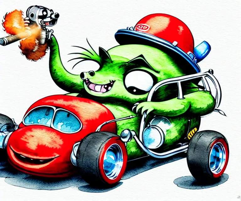 Image similar to cute and funny, racoon smoking cigar wearing a helmet riding in a tiny hot rod coupe with oversized engine, ratfink style by ed roth, centered award winning watercolor pen illustration, isometric illustration by chihiro iwasaki, edited by range murata