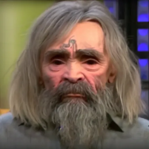 Image similar to charles manson on the ellen show, tv screen cap, detailed eyes, face and upper body focus, soft lighting