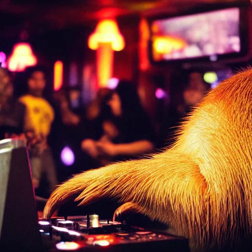 Image similar to Capybara DJing at a nightclub, HD photograph, by Michael Mann