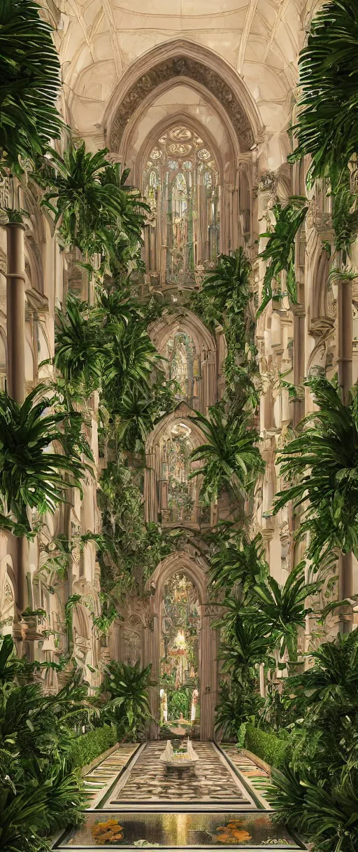 Image similar to beautiful cathedral interior with koi pond in the middle surrounded by palm trees, ivy, flowers, tropical plants, roses, and with archways, rendered in octane render with photorealistic volumetric lighting, cinematic,!! horizontal symmetry!!!, symmetrical, a flemish baroque by thomas cole, sanctuary, unsplash contest winner, maximalism, sanctuary