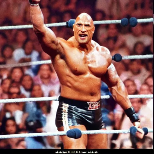 Prompt: “ Dwayne the Rock Johnson in a WWE match in 1980’s camera”