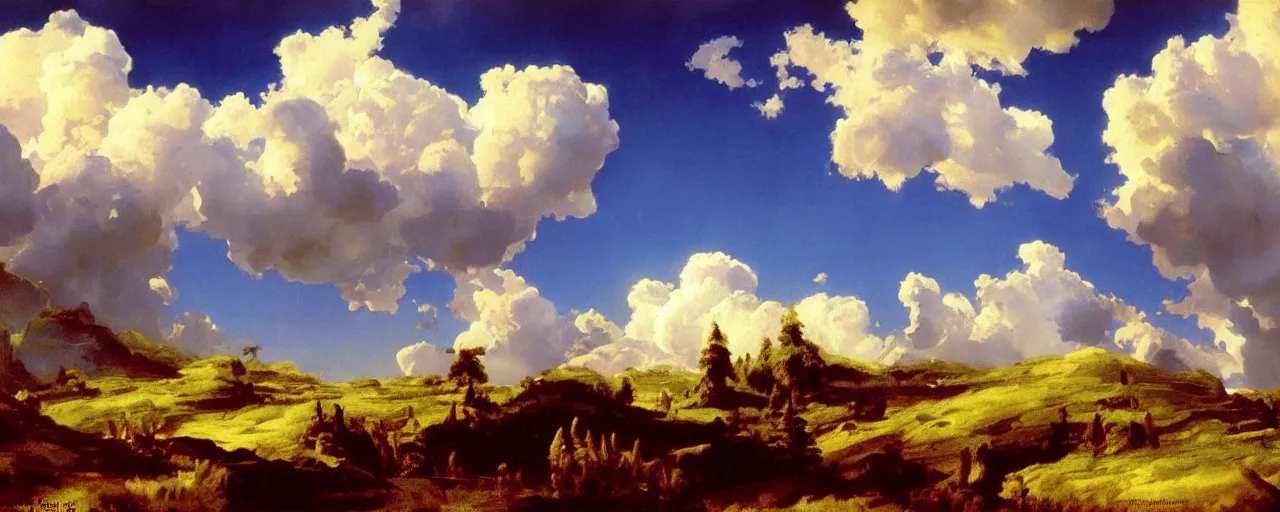 Image similar to disney illustrated background of blue sky huge clouds by eugene von guerard, ivan shishkin, john singer sargent