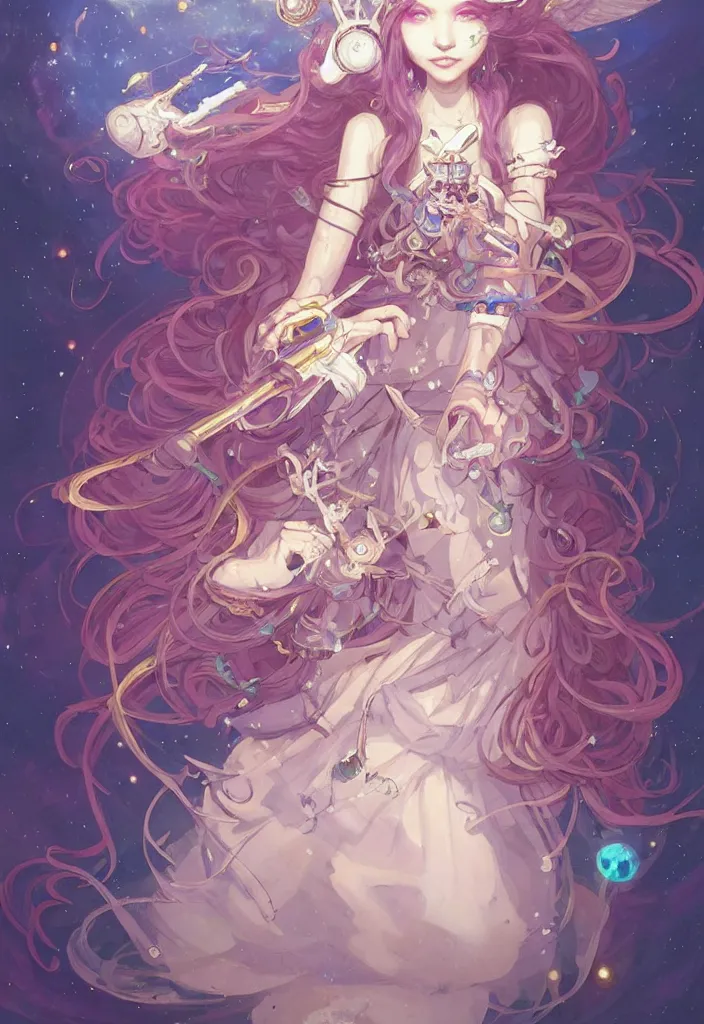 Image similar to full body picture of an maximalist dress magical girl, neat hair with bangs, smug face, extremely beautiful and aesthetic and detailed cute face and eyes, wipe out evils with cute astronaut familiar sprites, aming the magical beams to the camera, chiaroscuro, intricate, masterpiece, epic fantasy illustrations by peter mohrbacher and anato finnstark and jeremy lipking